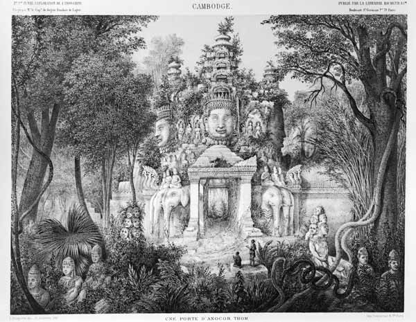 Doorway of Angkor Thom, illustration from 'Atlas du voyage d'exploration en Indochine, 1866-68' by D von French School