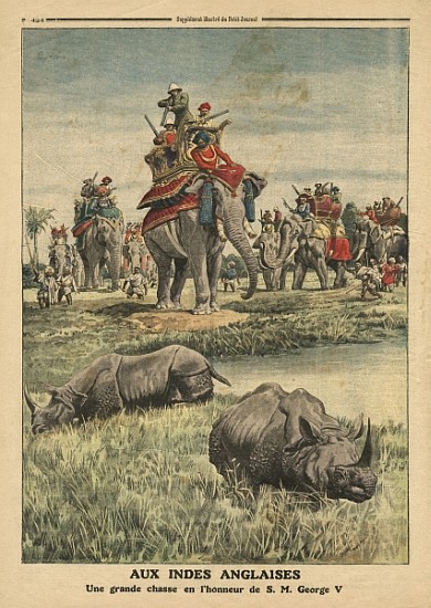 A rhinoceros hunt in honour of King George V (1865-1936), illustration from ''Le Petit Journal'', su von French School
