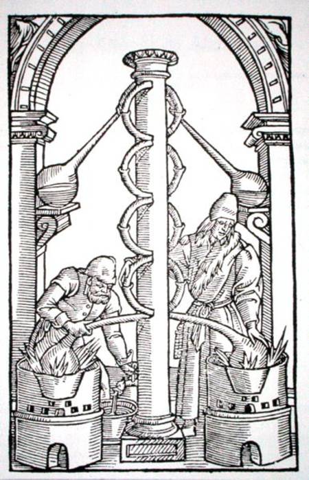 The Alchemist at Work, copy of an illustration from 'Coelum Philosophorum' by Philippus Ulstadius, P von French School