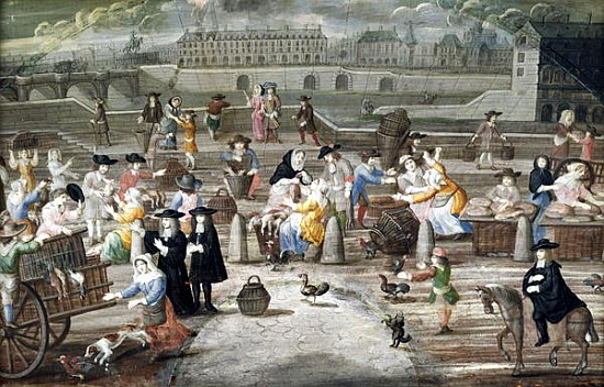 Bread and Poultry Market on Quai des Grands Augustins, painted for a fan von French School