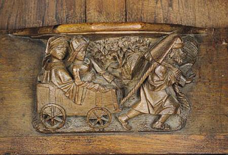 Carving depicting a couple in a cart pulled by a man, from a choir stall von French School