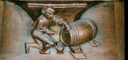 Carving depicting a man putting a tap on a barrel, from a choir stall from the Abbey of St. Lucien i von French School