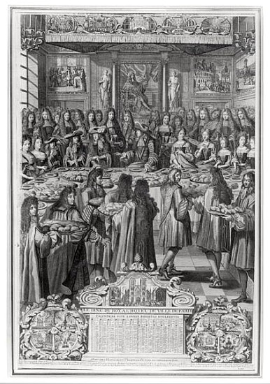 Dinner of Louis XIV (1638-1715) at the Hotel de ville, 30th January 1687, from Calendar of the year  von French School