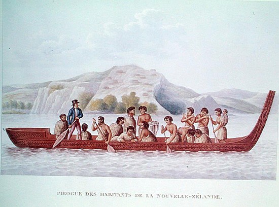 Dugout canoe piloted natives of New Zealand, illustration from ''Voyage Around the World in the Corv von French School