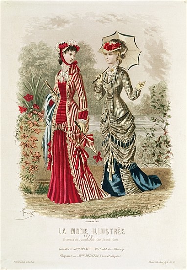 Fashion plate showing hats and dresses, illustration from ''La Mode Ilustree'' von French School