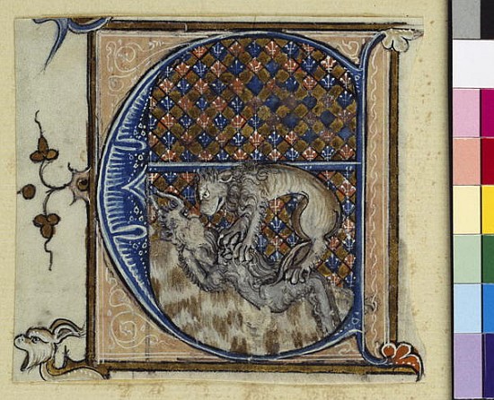 Historiated initial ''E'' depicting a lion fighting a devil, c.1320-30 von French School