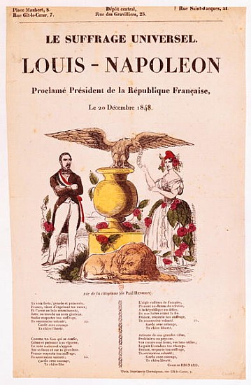 Illustrated lyric sheet for ''Le Suffrage Universel, Louis-Napoleon proclame president de la Republi von French School