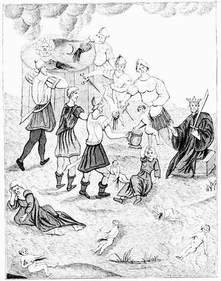 Jews taking blood from christian children for their mystic rites, after a drawing in the 'Book of Ca von French School