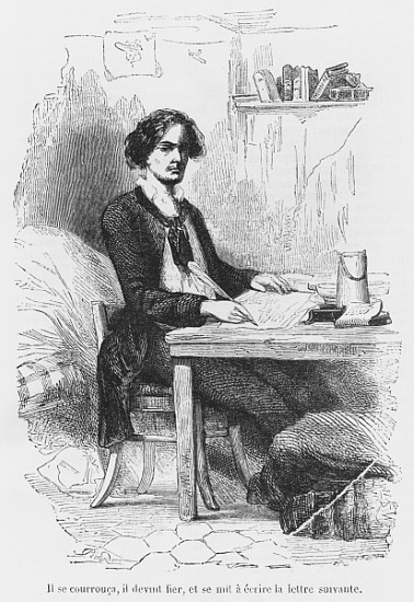 Lucien de Rubempre writing a letter, illustration from ''Les Illusions perdues'' Honore de Balzac; e von French School