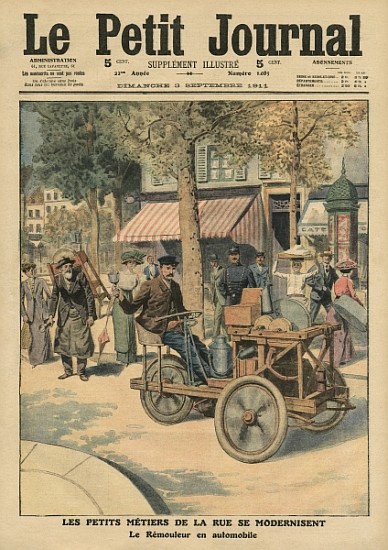 Modernisation of the street jobs, the knife grinder in his car, illustration from ''Le Petit Journal von French School