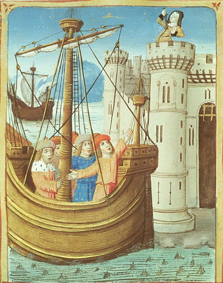 Ms 493 fol.99v The departure of Aeneas and Dido''s death, from ''The Aeneid'' by Virgil with a comme von French School