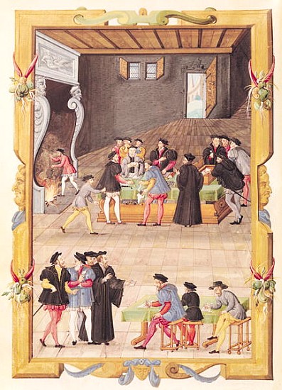 Ms 5169 f.2v The Notaries and the King''s Secretaries in the Hall of the College of Notaries and Kin von French School