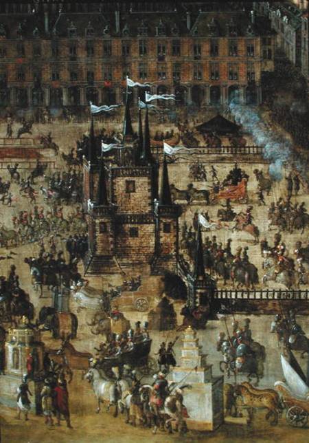 The Place Royale and the Carrousel in 1612, detail of the Palais de la Felicite and the chariots von French School