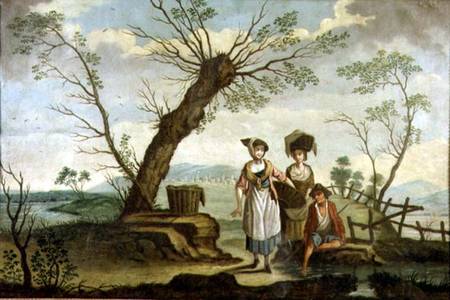Rustic landscape with washerwomen and a peasant von French School