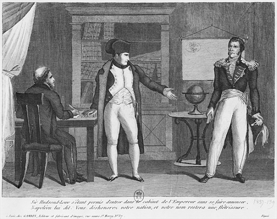 Sir Hudson Lowe comming in the study of Napoleon I (1769-1821) on the island of St. Helena without a von French School