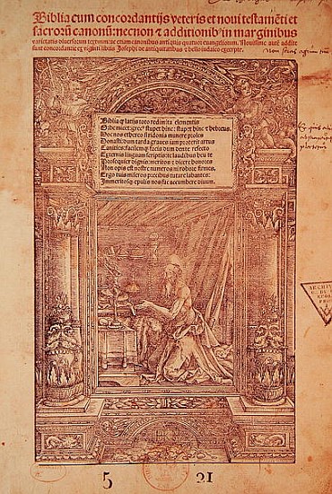 St. Jerome in his Studiolo, title page of a Bible, printed J. Marion, Lyon von French School