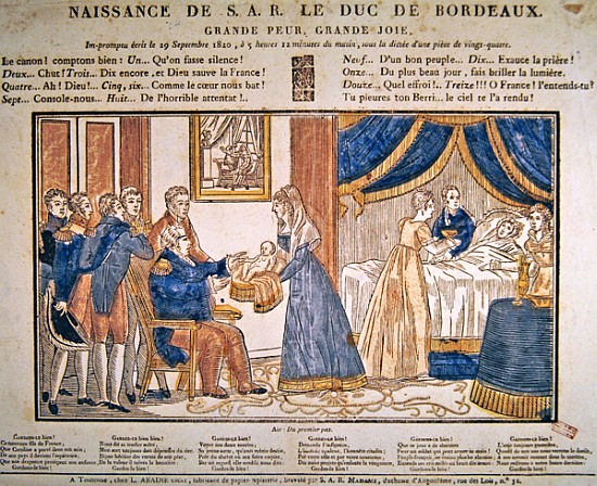 The birth of Henri Charles Ferdinand Marie Dieudonne de France, Duc de Bordeaux, Comte de Chambord o von French School