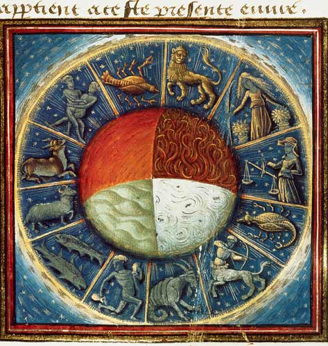 Ms Fr 135 Fol.285 The four elements of the Earth with the twelve signs of the zodiac, from 'Des Prop von French School