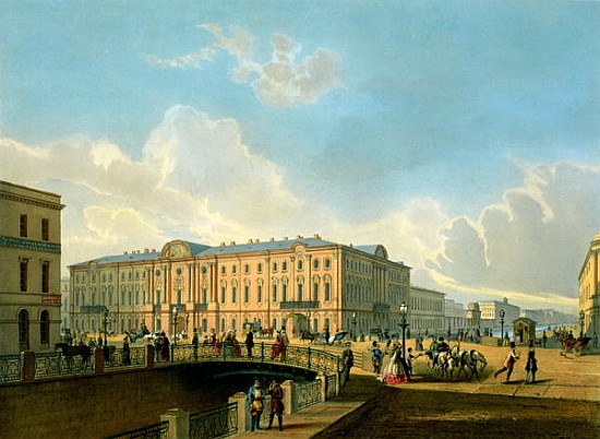 The Moyka Embankment and the Police Bridge in St. Petersburg, printed J. Jacottet and Regamey, publi von French School