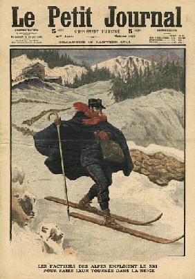 Alpine postmen using ski during their rounds in the snow, illustration from ''Le Petit Journal'', su