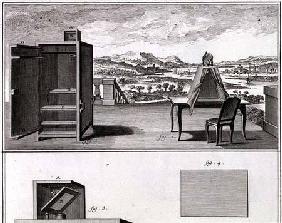 Drawing aids: a basic wooden camera obscura and a portable obscura, plate IV from the Encyclopedia o 1751-72