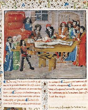 Ms H 184 fol.14v Dissection lesson at the Faculty of Medicine in Montpellier, from ''La Grande Chiru