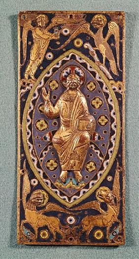 Reliquary plaque depicting Christ with the symbols of the evangelists (enamelled copper)