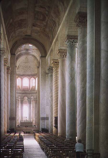 View of the nave towards the choir and the vault decorated with 12th century frescoes (photo) von French School