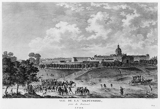 View of Hopital La Salpetriere, transport of prostitutes, Paris; engraved by Duparc, after a drawing von French School