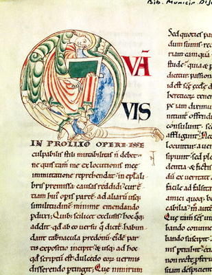 Ms.173 Fol.6 v. Initial 'Q' depicting a monk and an angel, from Moralia in Job by Pope Gregory the G von French School, (12th century)
