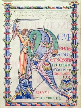 Ms 168 f.4v Historiated initial 'R' depicting a knight fighting a dragon, from 'Moralia in Job' by P 1825