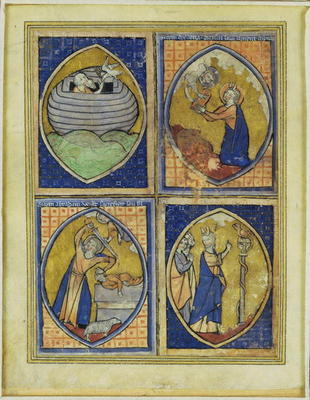 Noah receiving the White Dove, Moses receiving the Tables of the Law, the sacrifice of Abraham, Mose von French School, (13th century)