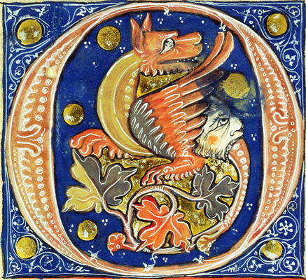 Historiated initial 'O' depicting a winged griffin (vellum) von French School, (14th century)