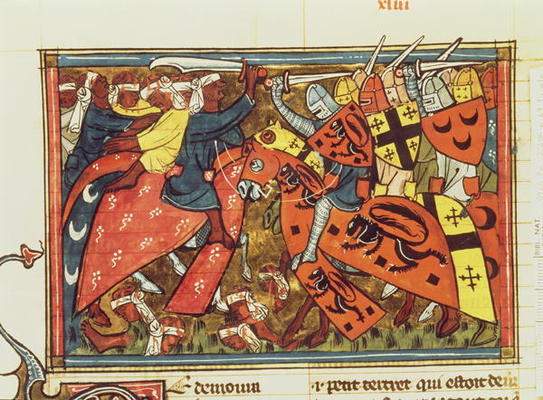 Fr 22495 f.43 Battle between Crusaders and Moslems, from Le Roman de Godefroi de Bouillon (vellum) von French School, (14th century)