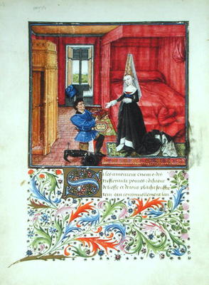 Ms 2617 The scribe dedicating La Teseida to an unknown young woman, from La Teseida, by Giovanni Boc von French School, (14th century)