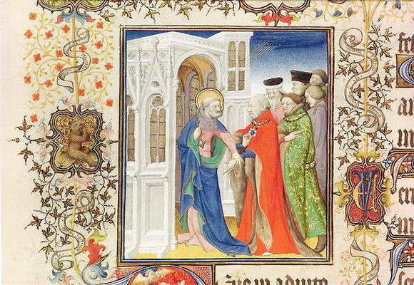 Ms Lat 919 fol.96 St. Peter Leading Jean de France (1340-1416) Duke of Berry into Paradise, from the von French School, (15th century)