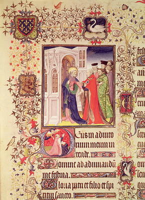 Ms Lat 919 fol.96 Jean de France, Duc de Berry being led by St. Peter into the Gates of Heaven with von French School, (15th century)