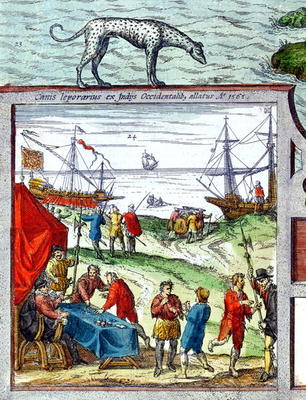 Detail of a view of the port of Cadiz showing trade with the West Indies, 1565 (colour litho) von French School, (16th century)