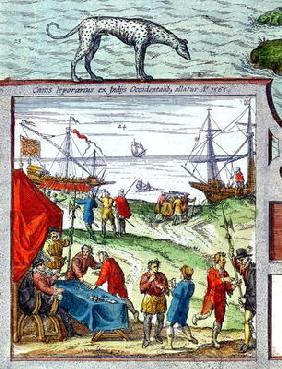 Detail of a view of the port of Cadiz showing trade with the West Indies, 1565 (colour litho) C16th