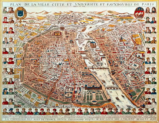 Plan of Paris, bordered by a chronological series of portraits of the kings of France from Pharamond von French School, (17th century)