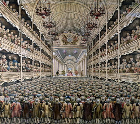 A French Theatre (colour engraving) von French School, (18th century)