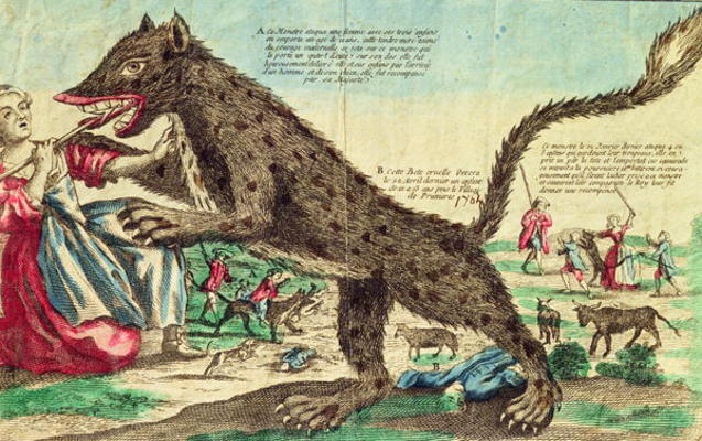 Attacks by the beast of Gevaudan in 1764 (colour engraving) von French School, (18th century)