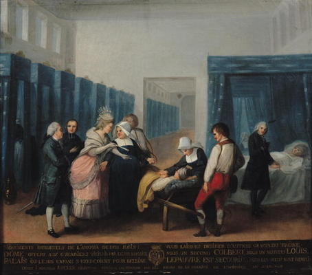 The Visit of Monsieur and Madame Necker to the Hopital de la Charite, 1780 (oil on canvas) von French School, (18th century)