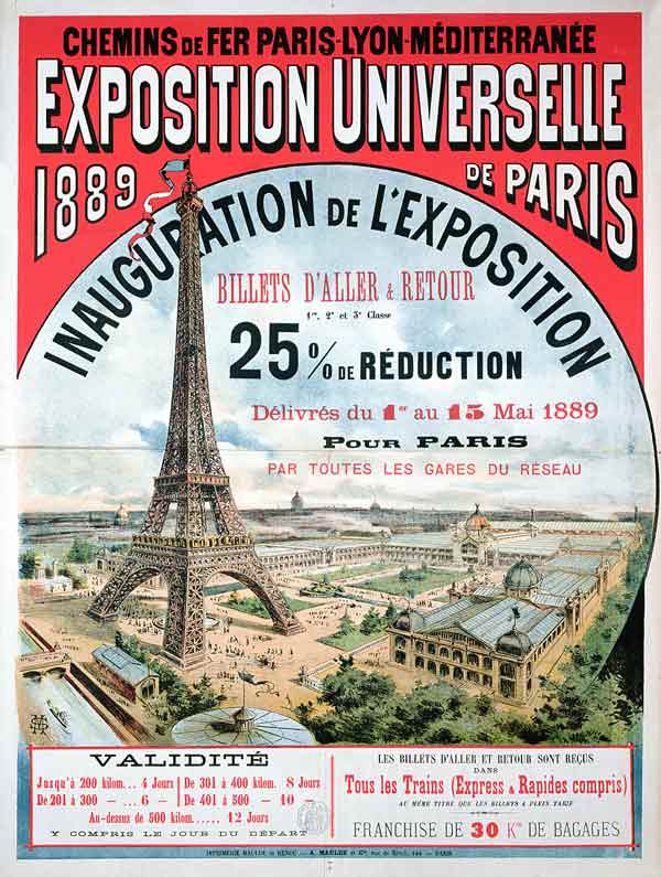 Poster advertising reduced price train tickets to the Exposition Universelle of 1889, from the Chemi von French School, (19th century)