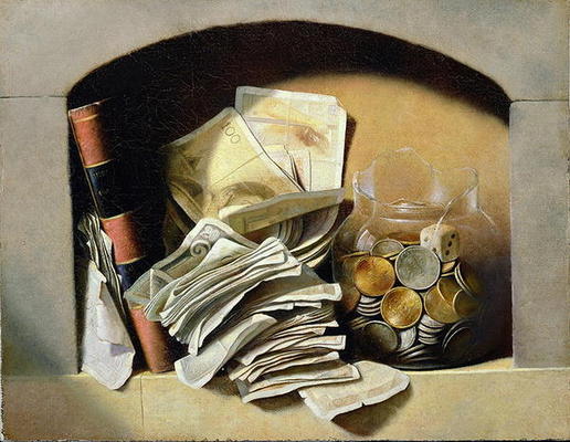 A trompe l'oeil of paper money, coins and a broken glass jar in a niche (oil on canvas) von French School, (19th century)