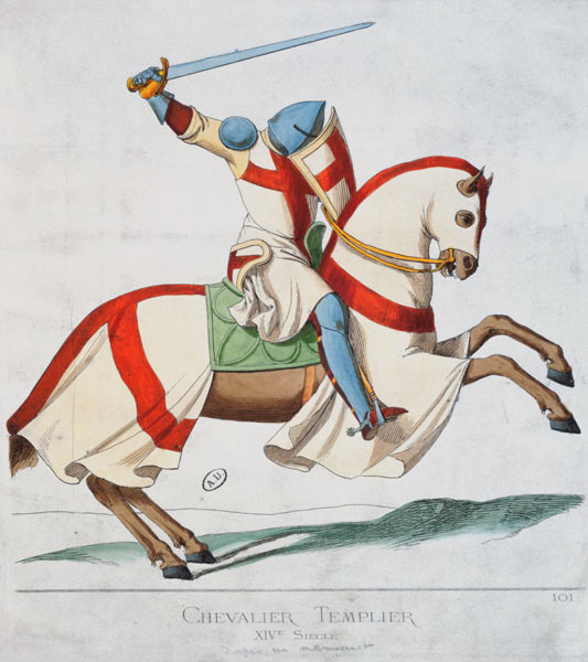 Illustration of a Knight Templar, after a 14th century manuscript (coloured engraving) von French School, (19th century)