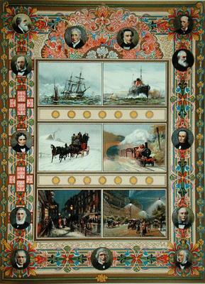 Progress during the reign of Queen Victoria (1819-1901). Sailing ships, steam ships, steam train and von French School, (19th century)
