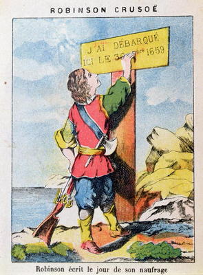 Robinson Crusoe Writes the Date of the Shipwreck (colour litho) von French School, (19th century)