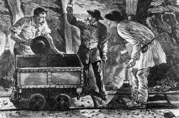 Scene in a coal mine, illustration from 'Germinal' by Emile Zola (1840-1902), 1886 (engraving) (b/w von French School, (19th century)