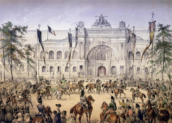 The Palais de l'Industrie at the Exposition Universelle in 1855 (coloured engraving) von French School, (19th century)